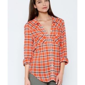 Joie Orange Plaid Cotton Button Down
